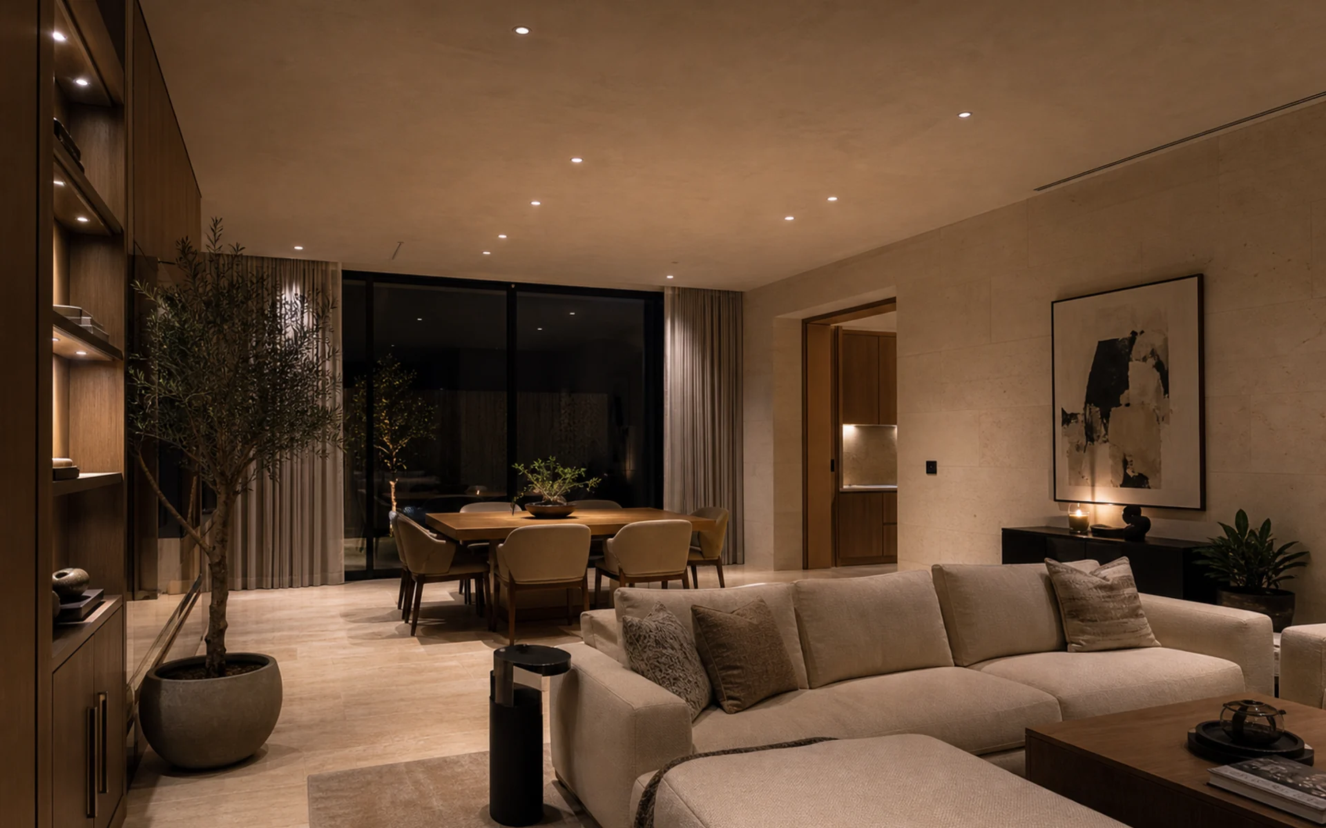 Contemporary GCC villa living and dining interior with recessed architectural downlights